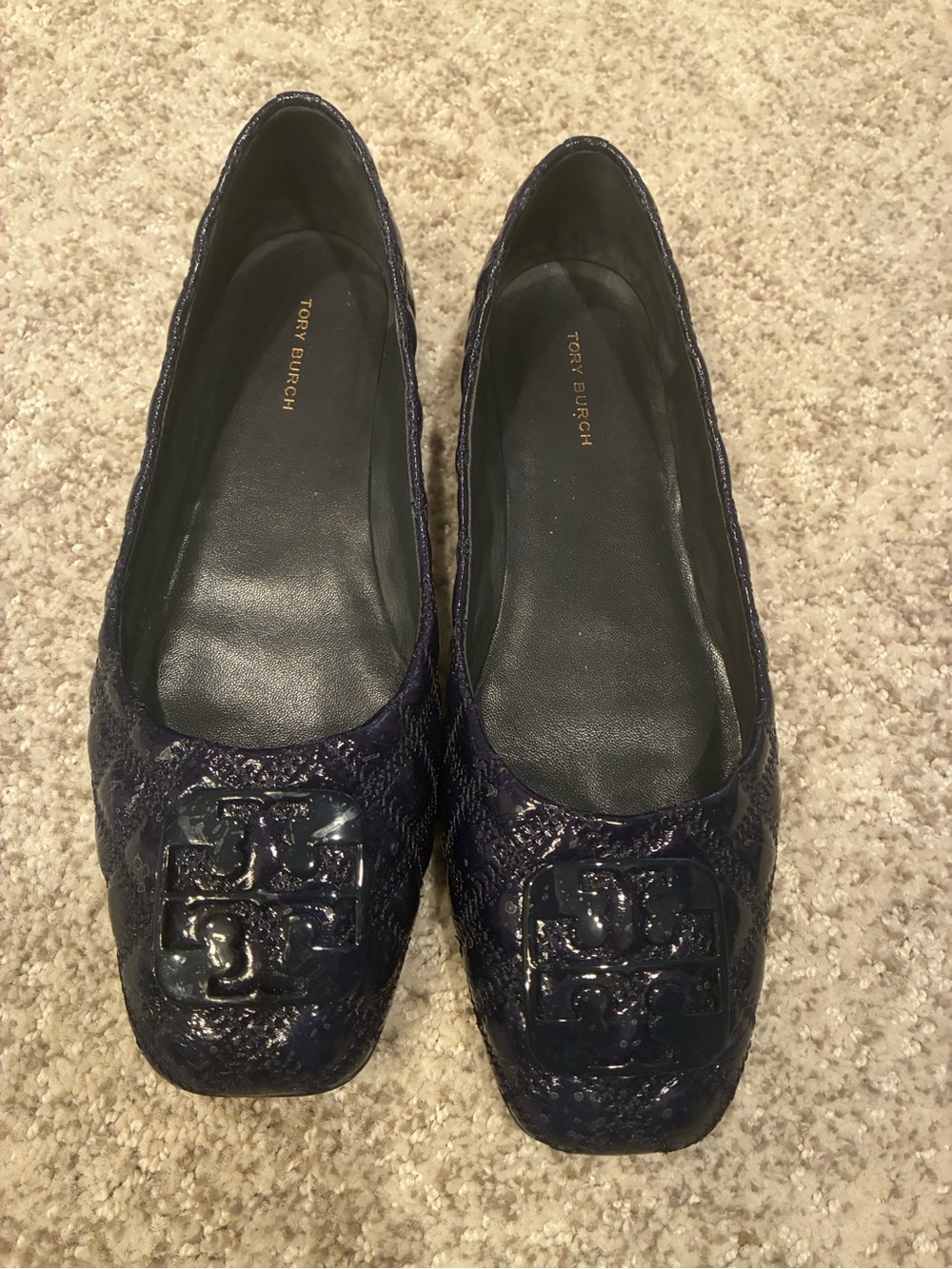 Tory Burch Navy Patent Logo Square-Toe Ballet Flats